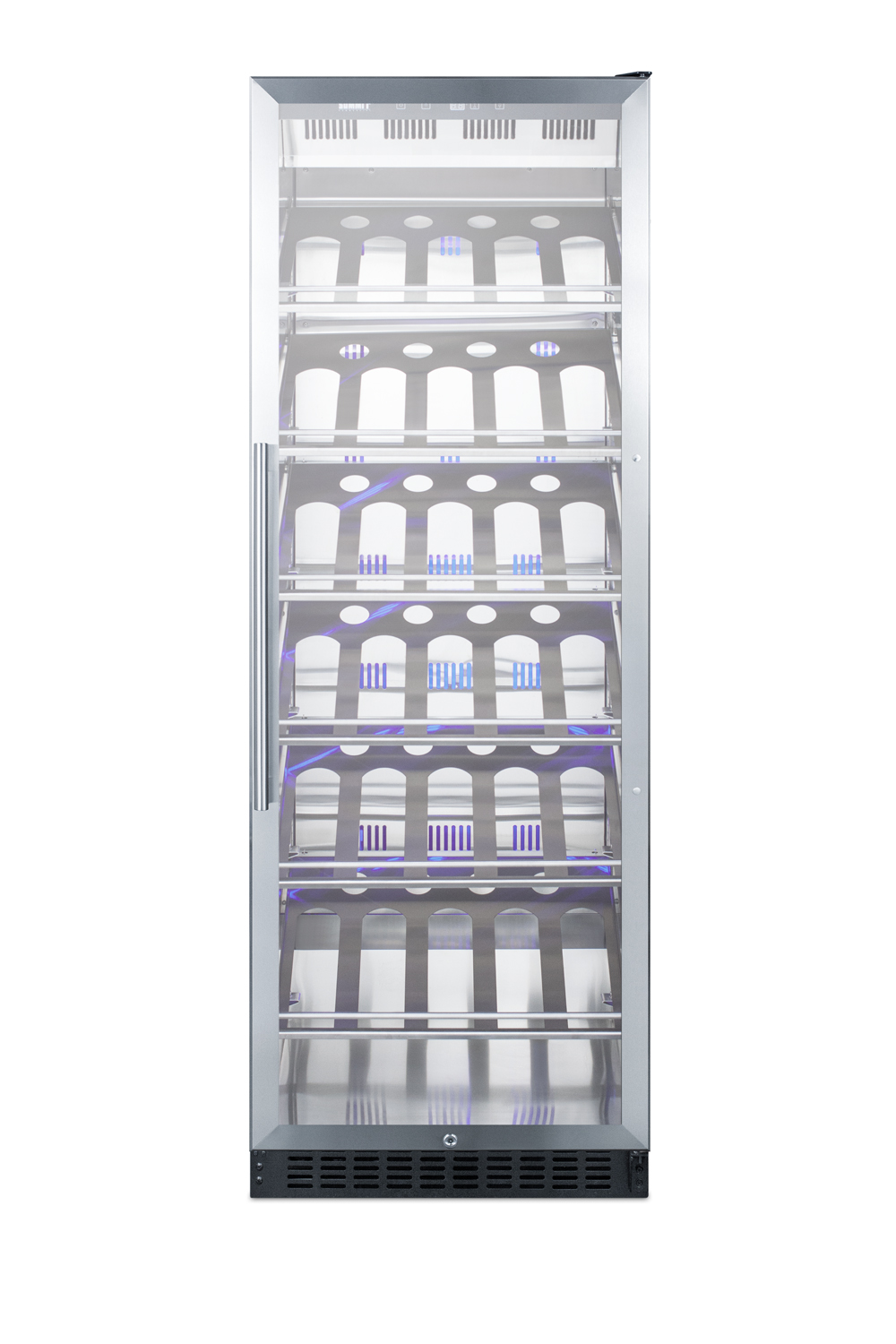 Full-size commercially listed wine cellar with stainless steel interior, champagne shelving, digital controls, self-closing glass door, and stainless steel cabinet